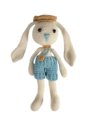 DISELIO Peluche Amigurumi Conejito Nilo Blanco con pantalon azul y gorro rojo (Amig-Conejo-Nilo-Bl-Az)