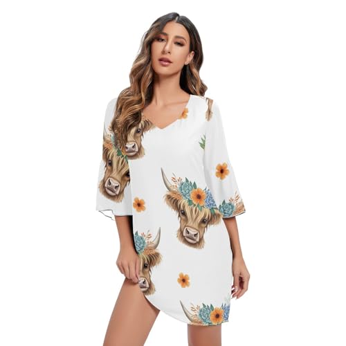 Robe en mousseline blanche imprimé vaches Highland pour l'été