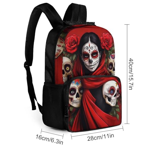 Lightweight Backpack for Gym Travel Bicycle - Big Capacity Multipurpose Anti-Theft Carry On Bag, Mexican Red Rose Sugar Skull Floral Women Day Of The Dead Art Travel Hiking Bag & Day Pack2
