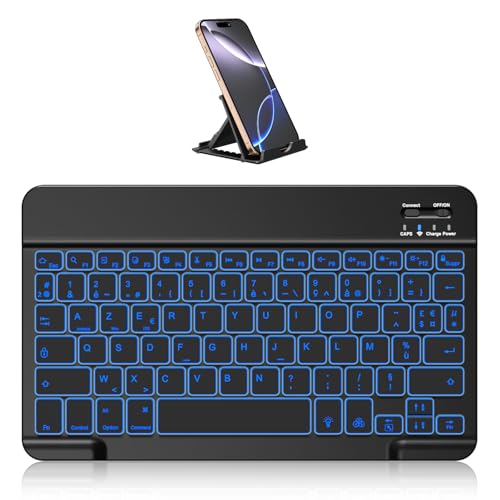 Vobafe Bluetooth Clavier sans Fil pour iPad Air/Pro/Mini/A16/11/10.9/10.2/iPhone, avec Support Téléphone, Clavier Tablette AZERTY Français pour iOS/Android/Windows,...