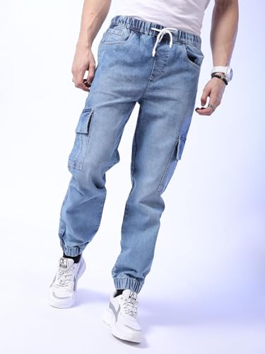 Image of The Indian Garage Co Men Regular Fit Solid Mid-Rise Stretchable Denim Cargo Joggers