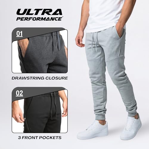 Ultra Performance 3 Pack Fleece Active Tech Joggers for Men, Mens Sweatpants with Zipper Pockets