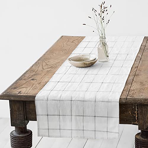 Laulgpoha Pure Linen Checkered Table Runner - 108" Extra Long, Farmhouse Runner - For Dining Room, Summer - Pre-Washed, 14 X 108 Inches, Organic French Flax #TOP30
