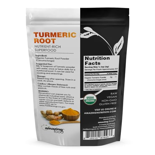 Amazing Food Turmeric Root Powder | 1 Lb | USDA Certified Organic Supplement | Vegan | Non-GMO | Gluten Free | Made in USA