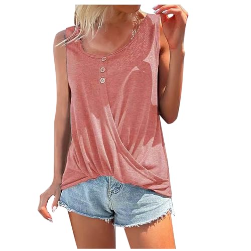 Akklian Tank Tops for Women Plus Size Summer Sleeveless Loose Fit Crewneck T Shirts Twist Knot Button Basic Tee Cami Shirt Pink