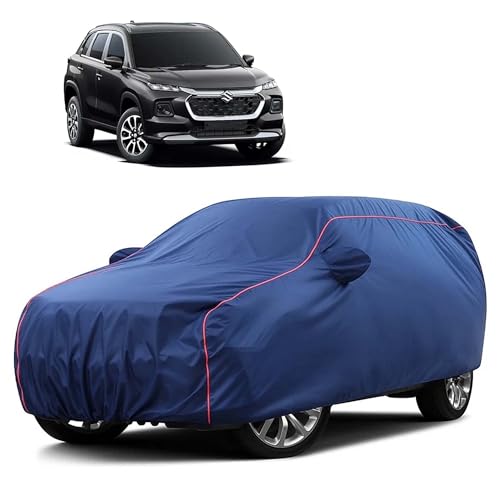 Image of Sulfar 100% Water Resistant Car Body Cover Compatible with Mirror for Maruti Suzuki Grand Vitara (Triple Stitched, Full Bottom Elastic, Blue Taffeta with Red Piping)