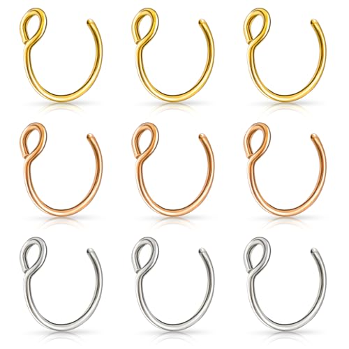 Lusofie 9Pcs Fake Nose Rings,Fake Nose Ring Hoop Stainless Steel Nose Hoop for Faux Lip Septum Nose Ring Set