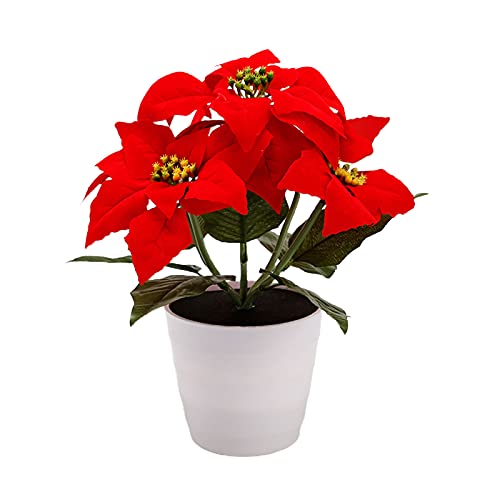 BELUAPI 14 pulgadas de pascua artificial solar de Navidad en maceta, arreglo de pascua de imitación en maceta, arreglo de pascua de seda LED de Navidad, decoración de plantas de seda