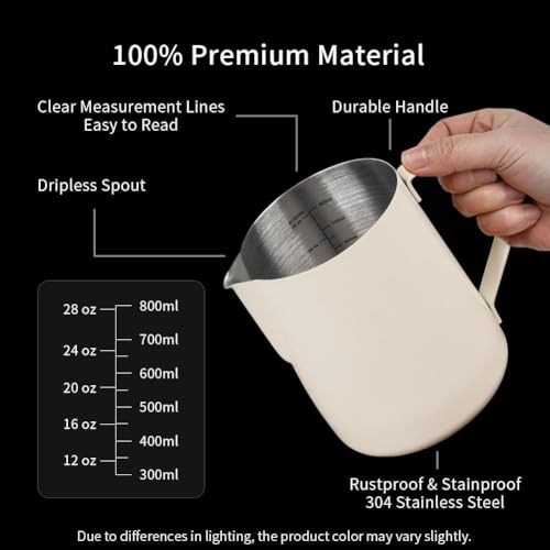 Image of watchget 32oz Milk Frothing Pitcher Stainless Steel Espresso Steaming Jug | Internal Scale, Milk Coffee Cappuccino Latte Art Barista Steam Pitchers,Barista Coffee Bar Accessories, 900ml, Creamy White