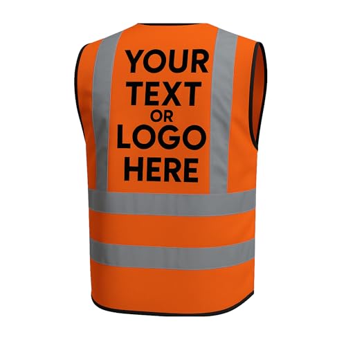 Kuest Personalised Printed Hi Vis Vest – Customised Hi Viz High Visibility Reflective Safety Waistcoat for Work, Security & Outdoor Use, Lightweight and Durable, EN ISO 20471 Certified (Orange, 3XL)
