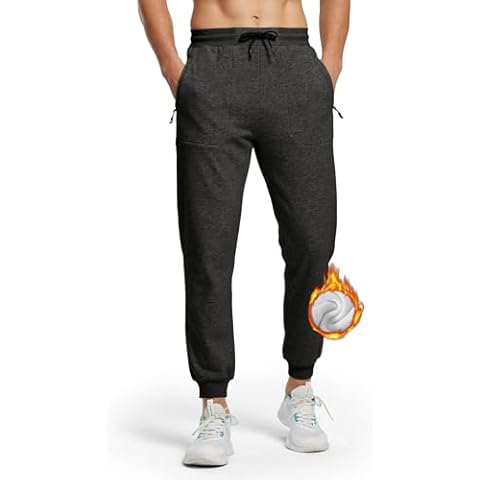 BGOWATU Men's Fleece Lined Joggers with Zipper Pockets Thermal Tapered Sweatpants Athletic Cotton Pants for Winter Workout Gym Running Dark Gray M Cover