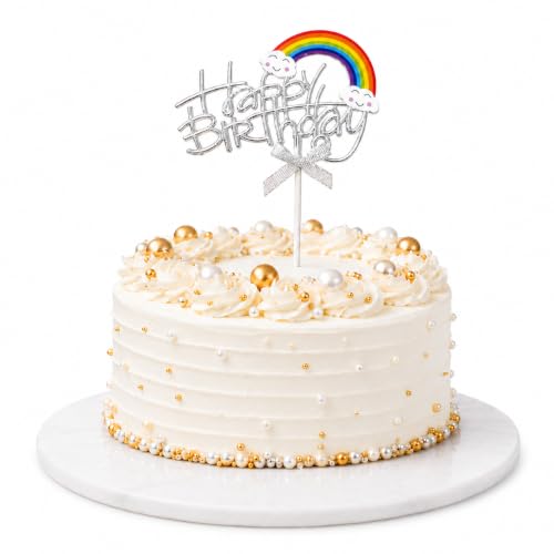 Image of Wanna Party Happy Birthday Rainbow Cake Topper, Silver Script Design with Cloud Rainbow & Bow, Birthday Cake Decoration Pick for Kids, Adults, Party Cakes & Dessert Table - 1PC