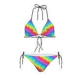 Showudesigns Damen Badeanzug Zweiteiliger Badeanzug Triangel Krawatte Bikini Set Teen Mädchen Halter Bademode Tier Gr. S, regenbogenfarben