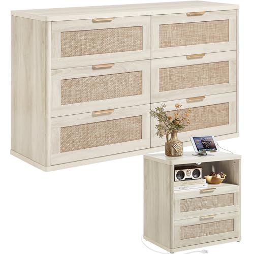 LEYAOYAO Rattan Dresser and Nightstand Set of 2, Boho Wood Dresser for Bedroom with 6 Drawers and Night Stand with Charging Station, Bedroom Furniture, Dressers & Chests of Drawers,Living Room,Hallway