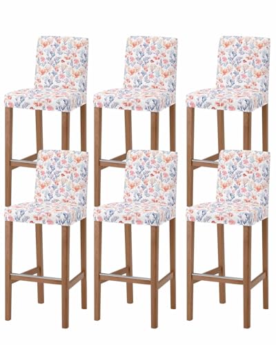 Wowouhiya Coastal Coral Bar Stool Covers - Stretch Dining Chair Covers Set of 6, Summer Colorful Nautical Ocean Fish Bar Chair Cover Removable Counter Stool Pub Chairs Slipcovers Protectors