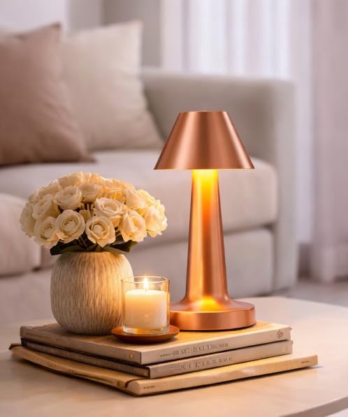 Image of blissbells Modern Rose Gold Table Lamp | Premium Metal Bedside Lamp with Warm Ambient Light for Home Decor