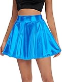 Urban CoCo Women's Shiny Flared Pleated Mini Skater Skirt (L, Lake Blue)