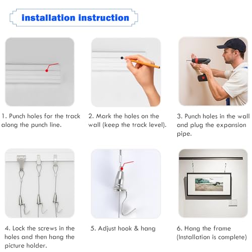 Image of AMUFJJ Adjustable Heavy Duty Picture Wire Hanging Kit 200 Lbs, Gallery Rail Hardware for Living Room /Art Exhibitions, Hanging Photo Display Wall Decor(58 inch /147.3cm Rail,9.8' /3.0m Cable)