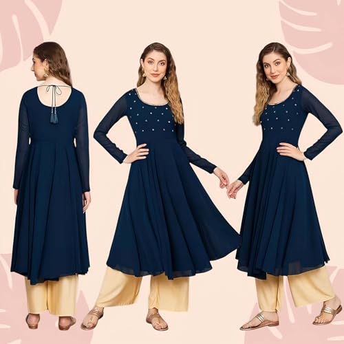 Image of PH POSHAKHUB Georgette Regular Fit Hand Embroidery Anarkali Kurta Set for Women, Yoke Anarkali Kurta for Woman, Ankle Length Anarkali Suit for Women, Full Sleeve Kurti, Dress for Woman