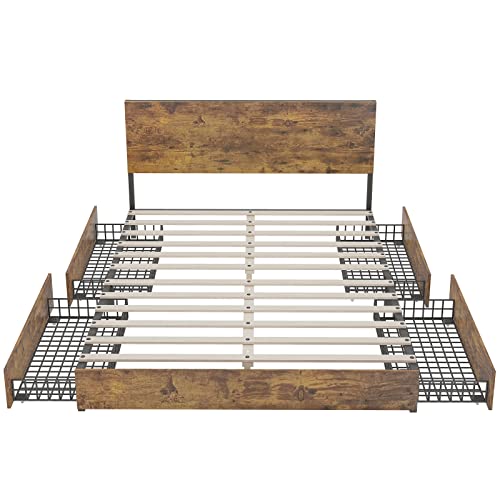 Balus King Size Bed Frame With Headboard And 4 Drawers, Platform Bed Frame With Large Storage Space, No Box Spring Needed/Heavy Duty Wood & Metal Construction/Noise Free/Easy Assemble #TOP6
