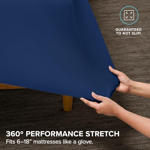 Image of Bare Home Cooling Performance Jersey Knit Stretch Sheet Set, Moisture-Wicking & Breathable, 4-Way Stretch Bed Sheets, Envelope Pillowcases (Queen, Dark Blue)