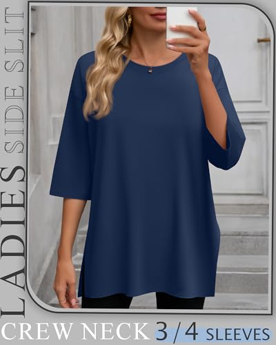 Huukeay 3 Pack Women's Oversized T Shirts Workout 3/4 Sleeve Top Loose Side Split Gym Elbow Crewneck Fall Casual Clothes Tee3