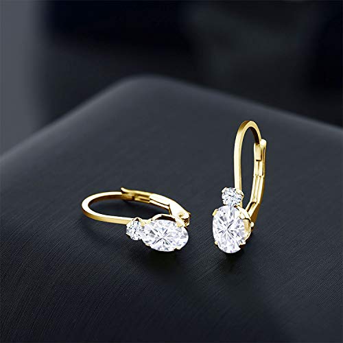 Gem Stone King 14K Yellow Gold Moissanite and White Created Sapphire Leverback Earrings For Women | 1.08 Cttw | Gemstone | Oval 6X4MM, Round 2MM | 3/4 Inch4