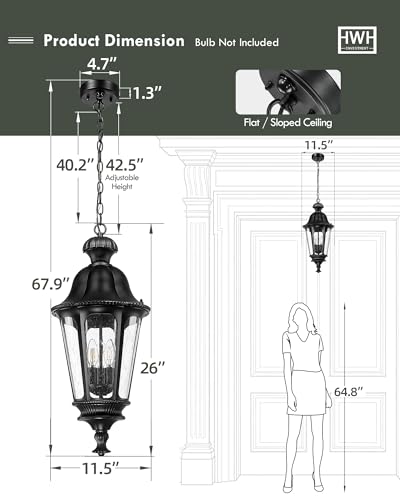 Image of Motion Sensor Outdoor Hanging Light, HWH 360 Detection Outdoor Pendant Light for Porch, Exterior Hanging Lantern with Seeded Glass, Matte Black Finish, 5HW90H-L-SE BK