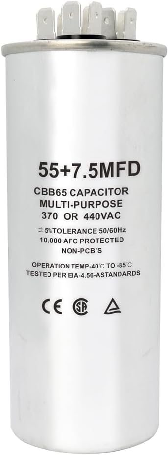 CBB65 Round Dual Run Circular Start Capacitor, 55 + 7.5 uF/MFD ±5% 370V/440VAC Combination Capacitor for Compressor AC Motor Run Fan Start Condenser Straight Cool/Heat (55 + 7.5 uf)