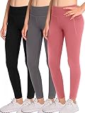 BHRIWRPY 3-Pack Girl Yoga Leggings with 2 Pockets-Kids Active Workout Pants