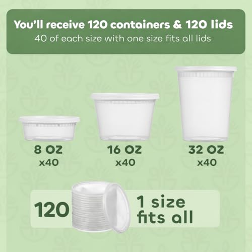 Image of 120 Sets Plastic Food Storage Deli Containers w / Lids 8oz 16oz & 32oz Quart