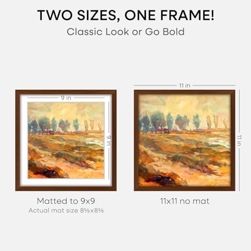Image of Homeforia 11x11 Picture Frame Brown, High-End Dark Oak 11 x 11 Square Brown Wood Frames with Mat 9 by 9 Photo, 11by11 Wooden Walnut Poster Frame Matted to 9x9 Print, Tempered Glass, Wall Kit, Set of 1