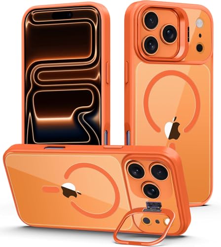 Image of VONZEE Clear Camera Kickstand Case for iPhone 17 Pro Max, Built-in Adjustable Camera Stand, Clear Magnetic Mag-Safe Shockproof Classic Series Phone Cover (Cosmic Orange)