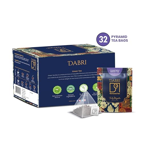 Image of Dabri Chamomile Green Tea 32 Pyramid Dip Tea Bags | Natural Whole Leaf & Chamomile Flowers | Relieves Menstrual Cramps & Stress | Aids Sleep & Digestion | Supports Glowing Skin & Strong Hair