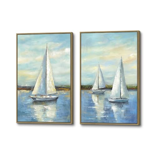 Sailboat Canvas Framed Wall Art: 2 Piece Nautical Painting Heavy Textured Scenery Artwork Coastal living room Picture for Bedroom Bathroom