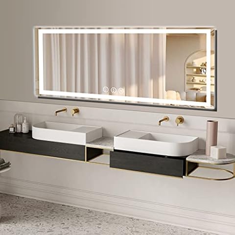 OKPAL 84x32 Inch Bathroom Vanity Mirror with Double Lights, Anti-Fog Dimmable Makeup Mirror for Wall, Memory Touch Button, 3 Color Lights, (Backlit + Front-Lighted) Cover