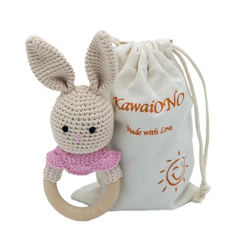 Image of KawaiOnO Handmade Cotton Crochet Amigurumi Rattler, Educational Baby Rattle for Teething Infants, Ideal Baby Boy Stuff, Unique Baby Stuff for New Moms, Crochet Cream Bunny Rattle Design