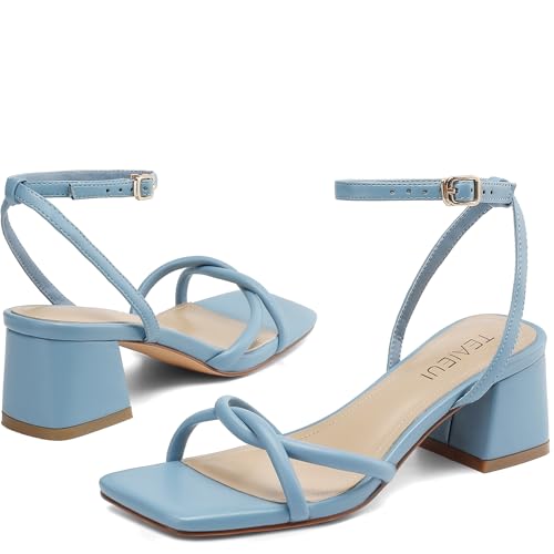 Image of TEAIEUI Chunky Heels for Women, Square Open Toe Heeled Sandals, Strappy Ankle Strap Shoes for Dress, Party, Prom, Block Low Heel 2 inch