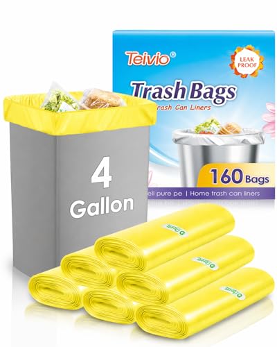 Image of Teivio Small Trash Bags 4 Gallon 160 Counts Garbage Bags, Bathroom Trash Can Bin Liners, Small Plastic Bags for home office kitchen, fit 12-15 Liter, 3,3.5,4.5 Gal, Yellow