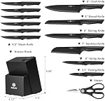 Knife Set, 15 Piece Kitchen Set with Block, Self Sharpening, Dishwasher Safe, 6 Steak Knives, Anti-Slip Handle, Black