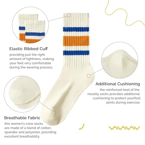 Image of Vintage Striped Crew Socks Slouchy Calf Tube Socks for Women and Men | Retro Athletic Mid-Calf Socks, Stretchy Knit Casual Comfort for Running Golf Tennis Volleyball & Daily Wear