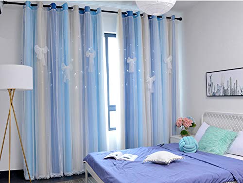 Image of Yancorp Room Darkening Light Blocking Pink Curtains White Sheer Lace Detachable Bow Ties Kids Room Decor Ombre Drapes Star Double Layer Window Panels Bedroom Living Room (Blue Beige, W52 X L63)