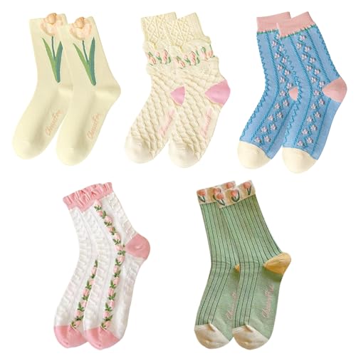KEYRI 5 Par Calcetines vintage con flores de tulipán para