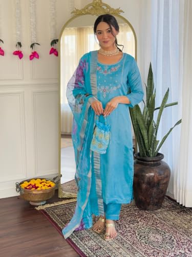 Image of Naixa Women's Viscose Embroidered Straight Kurta with Pant and Dupatta Sets (Available in Plus Size) (NX-665)
