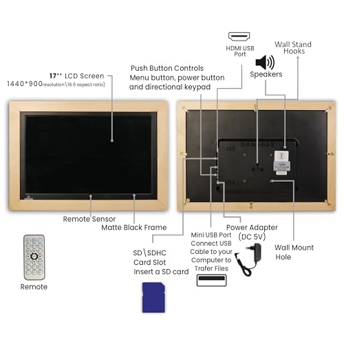 Image of Miracle Digital 17''HDMI Wooden Digital Photo Frame with Hi- Def Screen, USB Disk Card, Remote Photos Slide Show, Video Audio, Support SD Built in 8GB Memory & 2GB RAM(Light)