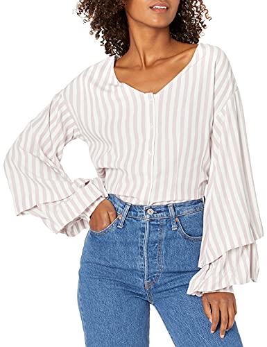 Cupcakes And Cashmere Women's Syd Yarn Dyed Rayon Stripe Blouse With Open Neckline, Parchment, Small #TOP12