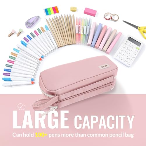 Image of SUNEE Pencil Case, Large Capacity Pencil Pouch, Aesthetic Pen Bag Office Stationery Organizer Simple Sturdy Multifunctional for Teen Girls Women Men, Pink
