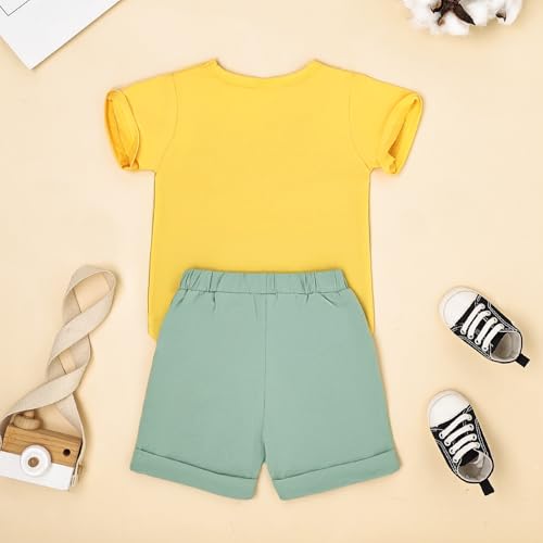 Image of FOCUTEBB Toddler Boy Clothes Summer Patchwork T-Shirt Shorts 2Pc Set 12M-5T | Soft Cotton Short Sleeve Set, Patchwork Design, Comfy Elastic Waist with Pocket, Toddler Boy Summer Casual Daily Wear