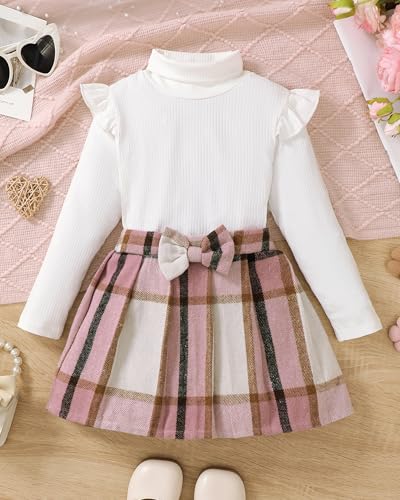 Image of Toddler Girl Clothes Fall Winter Girls Clothing Set Long Sleeve T-Shirt Tops & Plaid Mini Skirts Dress 2Pcs Outfits