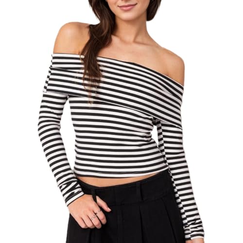 EMOTTOS Mujeres Slim Fit Crop Top, Moda Señoras Y2k Rayas Blancas y Negras de un Hombro Manga Larga Camiseta Básica Blusa Tee, Negro S